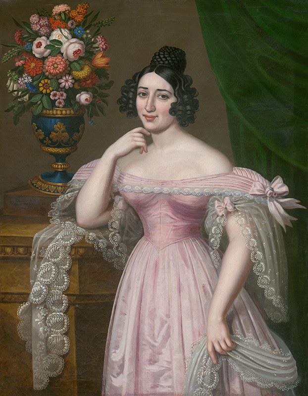 Rombauer, Ján | Portrét Rózy Terézie | Displayed motifs: Woman, Human face, Dress, Wound, Houseplant, Rose, 
