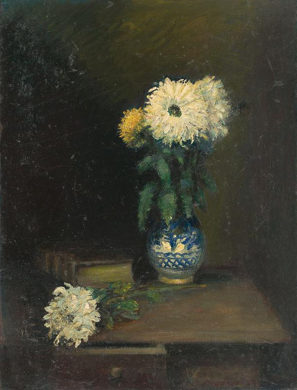 Mudroch, Ján | Zátišie s chryzantémami | Displayed motifs: Vase, Flower, Tree, Plant, Table, 