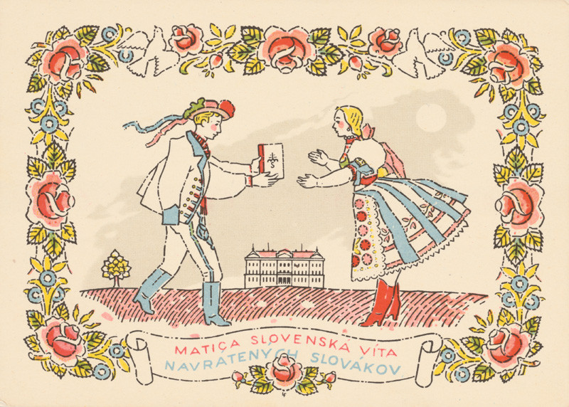 Fulla, Ľudovít | Matica slovenská víta navrátených Slovákov | Displayed motifs: Coat of arms, Rose, Person, Woman, Clothing, Flower, Man, 