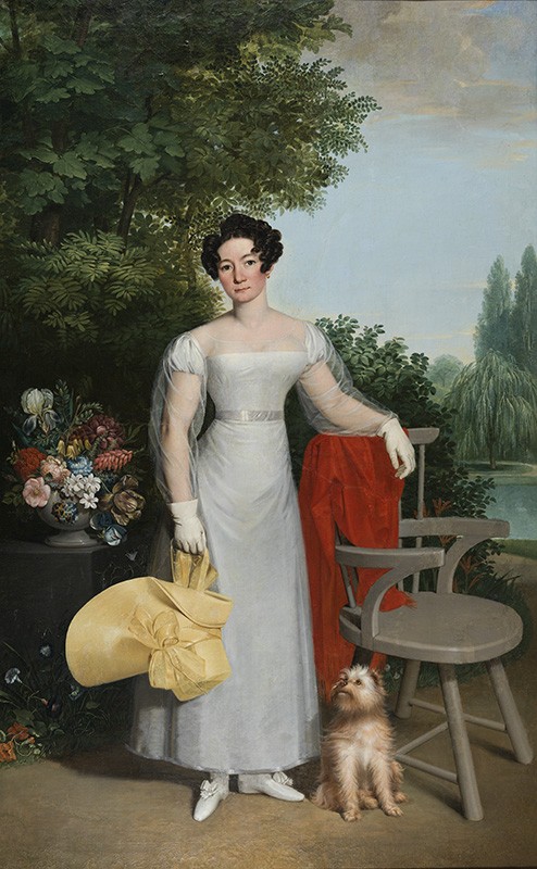 Ziegler, Jozef | Portrét Alžbety Erdődyovej, rod. Mayerovej | Displayed motifs: Dress, Woman, Chair, Dog, Tree, Flower, Human face, 