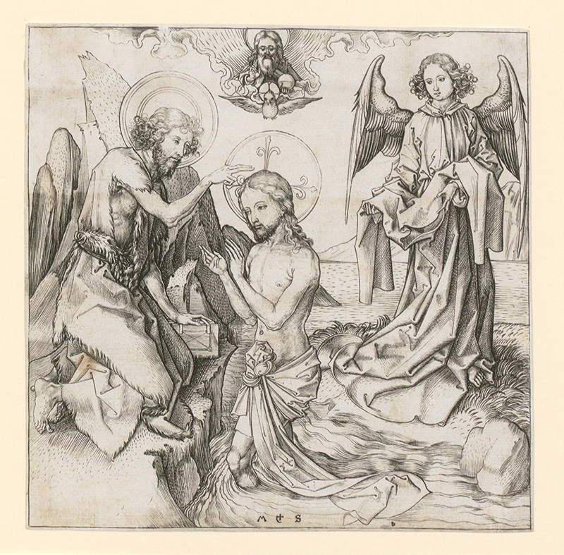 Martin Schongauer | Krst Krista | Displayed motifs: Angel, Halo, White dove, Woman, Clothing, Human face, Person, 