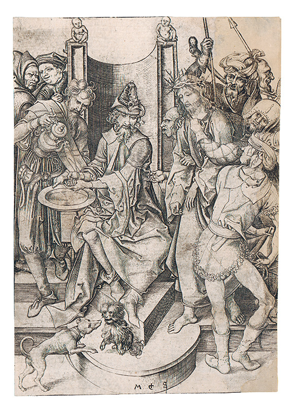 Martin Schongauer | Kristus pred Pilátom Pilát si umýva ruky. Z cyklu Pašie (6/12) | Displayed motifs: Thorn crown, Miter, Clothing, Footwear, Human face, Man, Person, 