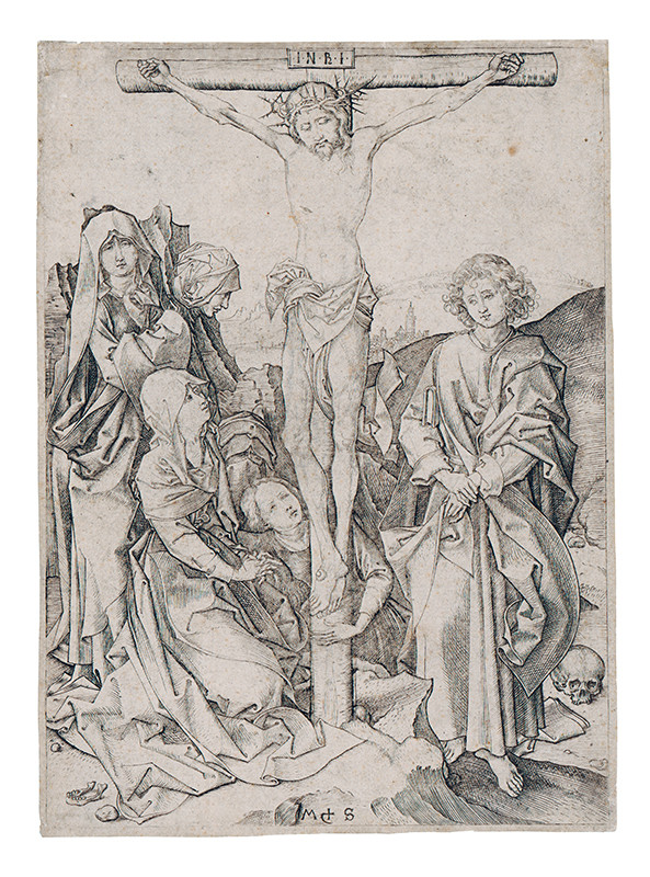 Martin Schongauer | Ukrižovanie z cyklu pašie (8/12) | Displayed motifs: Thorn crown, Veil, Wound, Clothing, Crucifixion, Person, Human face, 