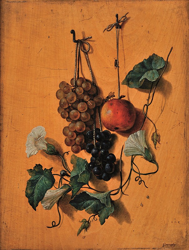Ginovsky, Jozef | Zátišie s ovocím | Displayed motifs: Fruit, Latin cross, Crucifixion, Flower, 