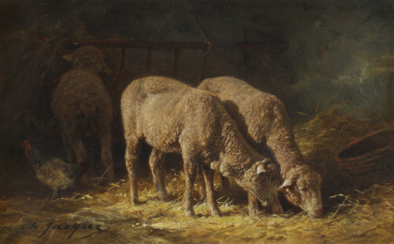 Jacque, Charles Émile | Ovce v chlévě | Displayed motifs: Chicken, Animal, Cattle, 