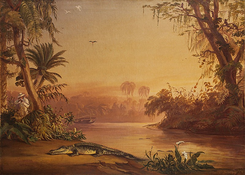 Sterio, Károly | Domorodci s krokodílom | Displayed motifs: Crocodile, Tree, Plant, Bird, Palm tree, White dove, Lizard, 