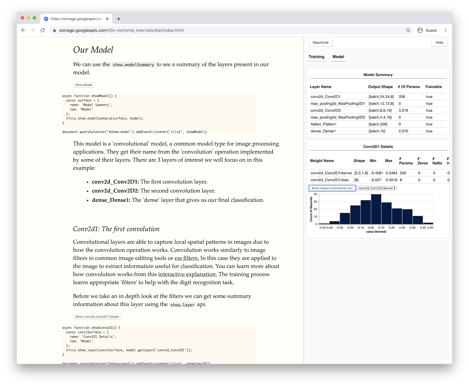 Model summary table and histogram of conv2d weights