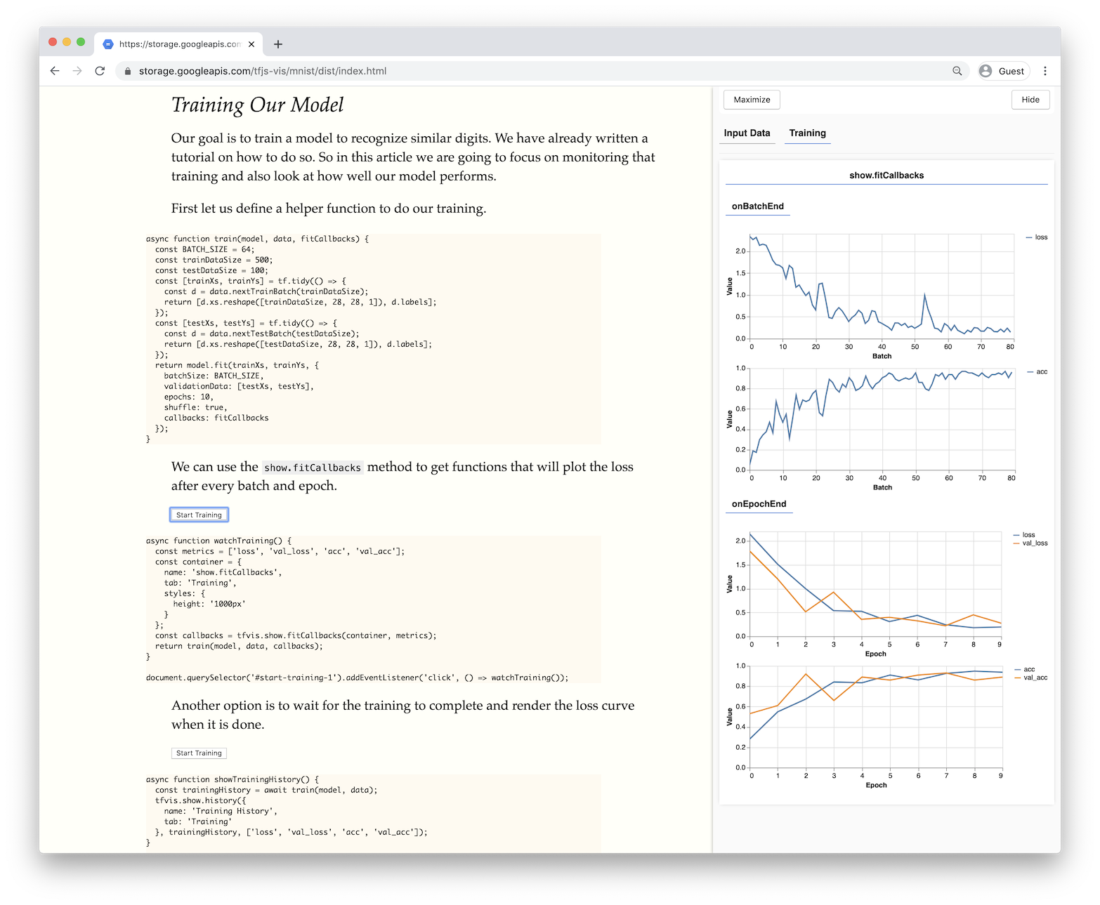 Training metrics (loss and accuracy) for a model