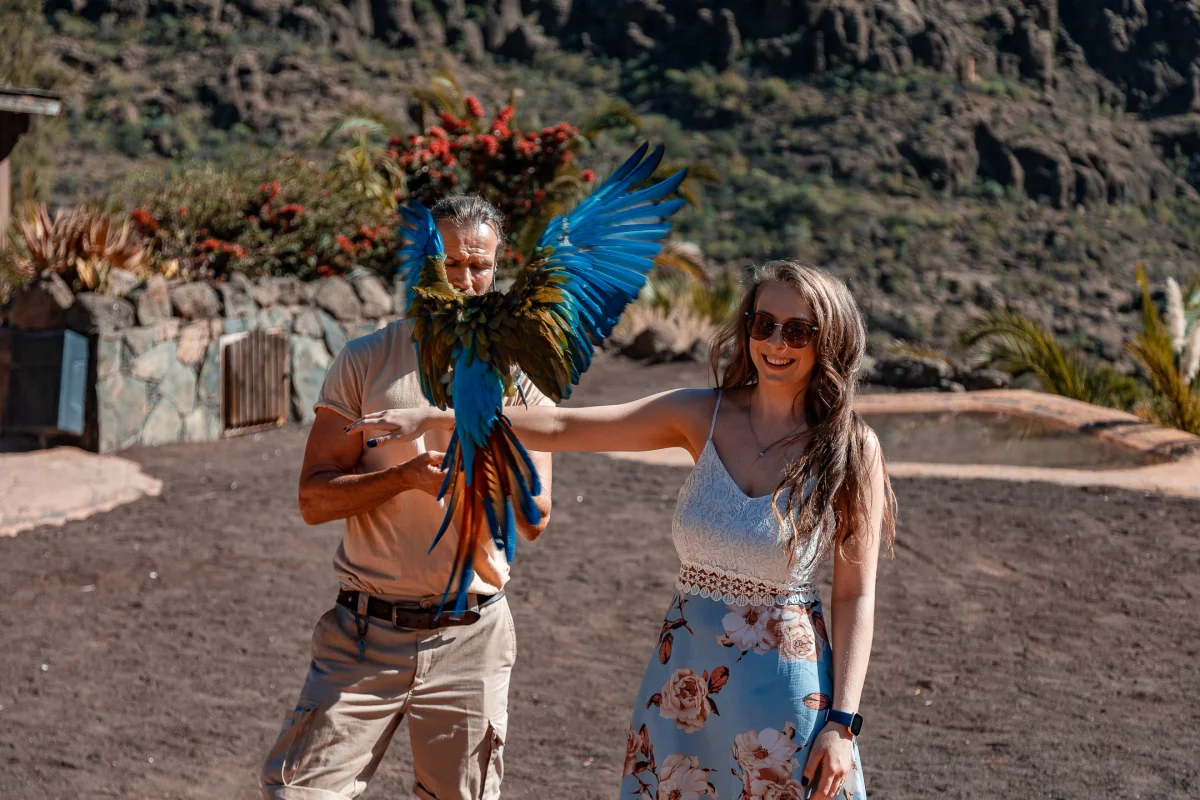 A man and woman posing with a vibrant blue macaw in flight against a rocky mountain backdrop.