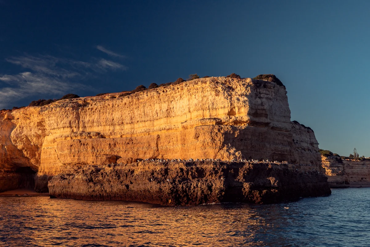 Golden hour light illuminating towering limestone cliffs above a dark blue ocean.