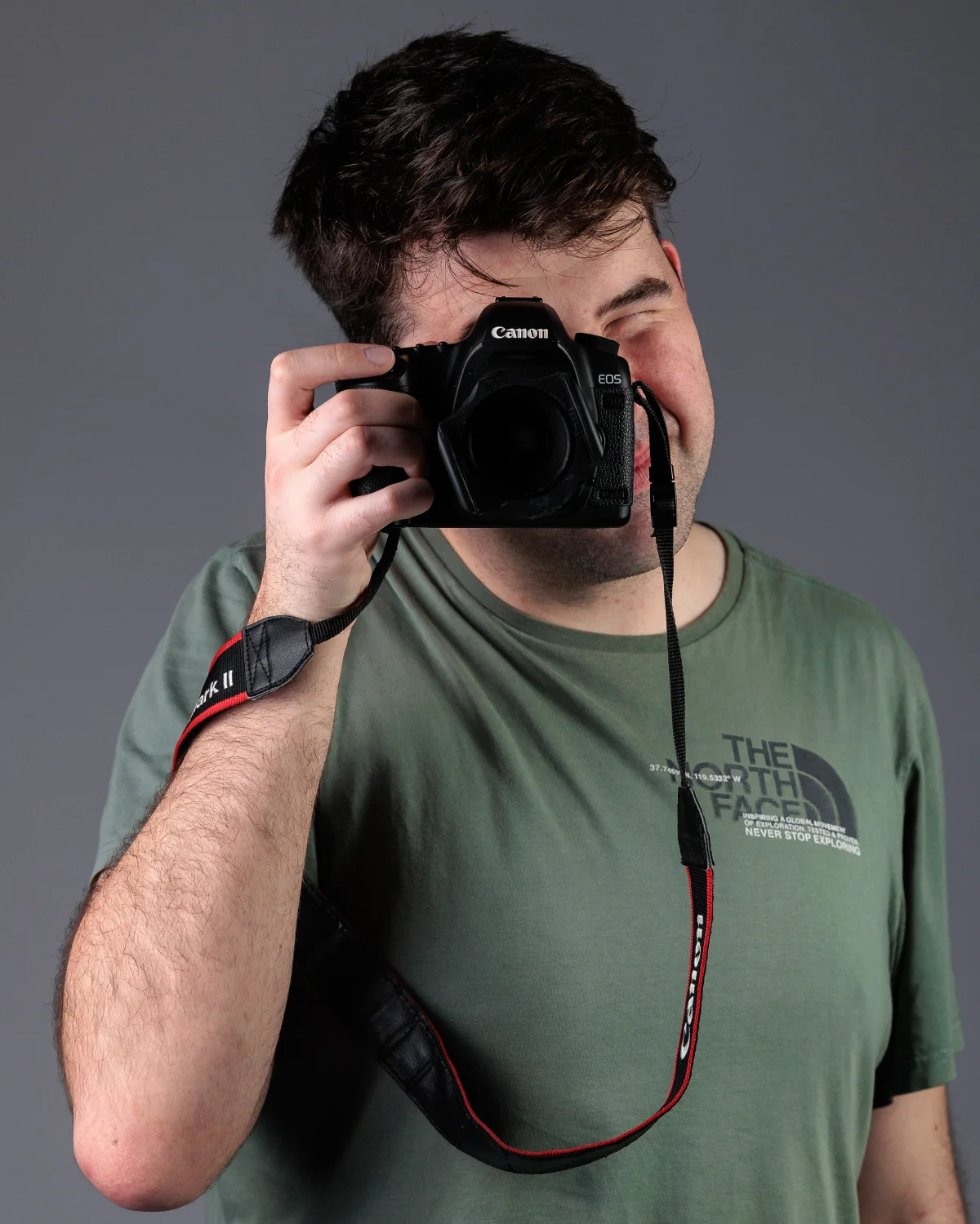 A man in a green t-shirt holding a Canon DSLR camera to his eye against a neutral grey studio background.