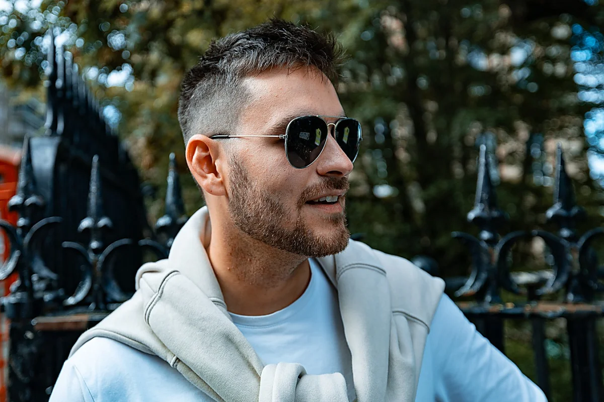 Close-up portrait of a bearded man wearing aviator sunglasses and a white sweater draped over his shoulders.