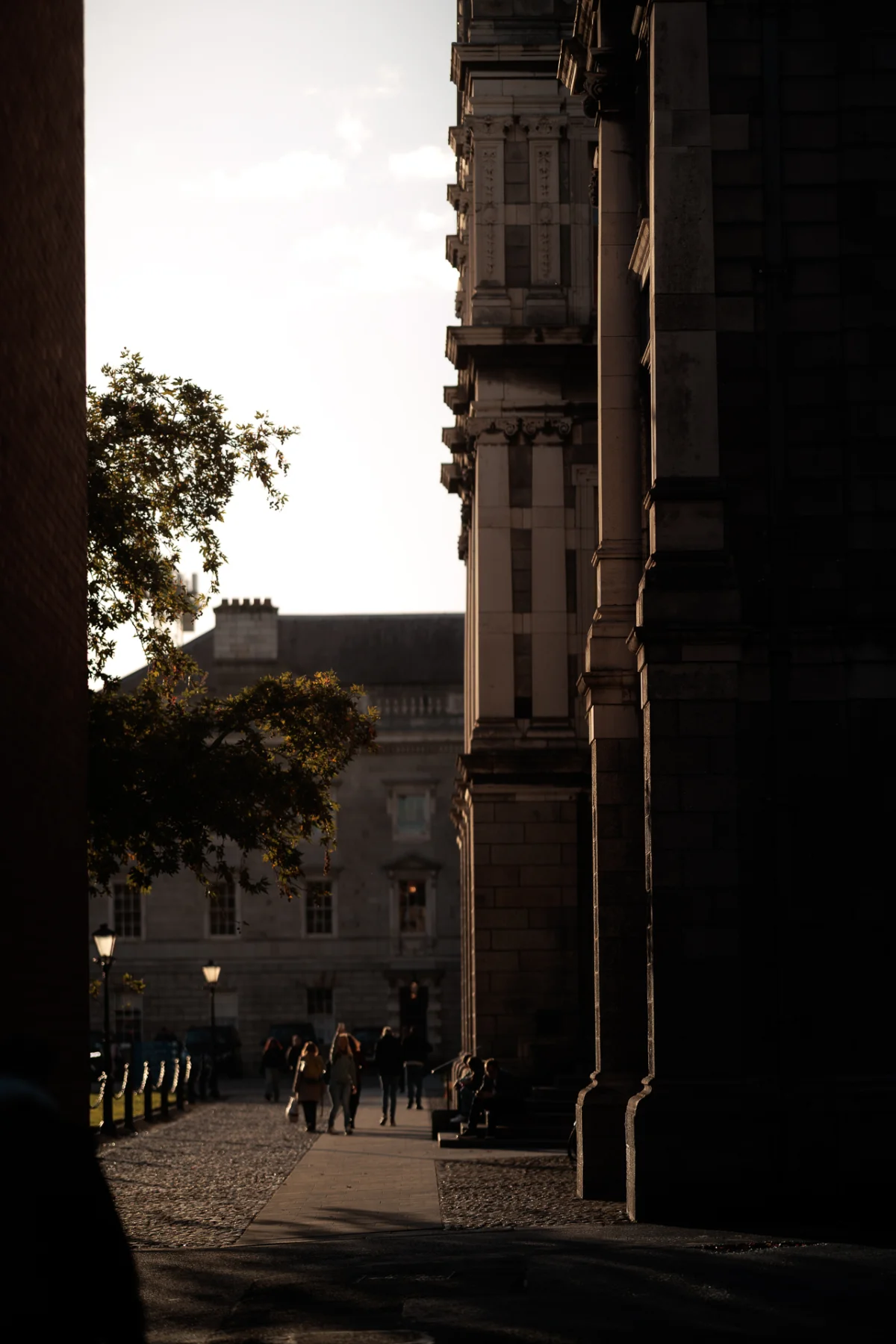Moody outdoor shot of classic architecture and people walking on a cobblestone path in soft light.