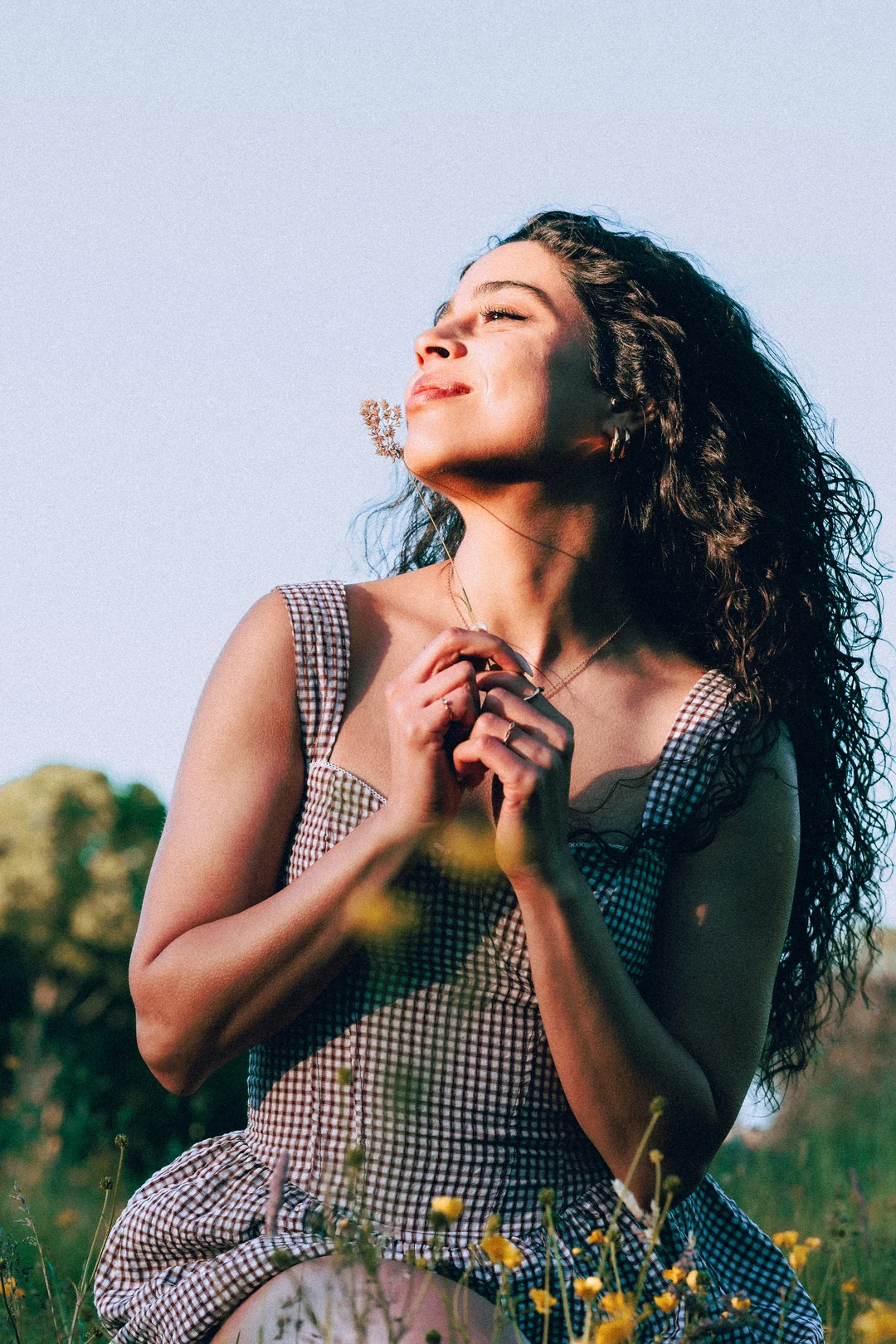 Woman with long curly hair in a checkered dress smelling a flower in a sunny outdoor field.