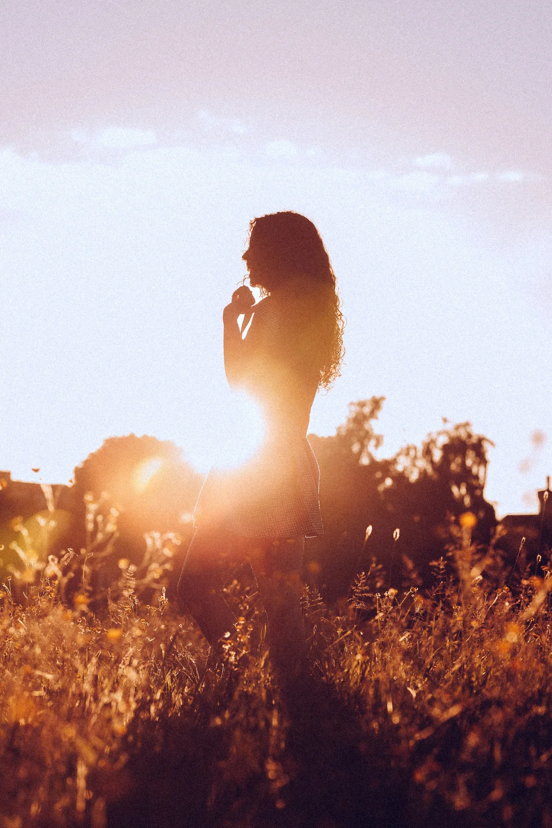 Silhouette of a woman with curly hair standing in a golden field at sunset, backlit by a bright sun.