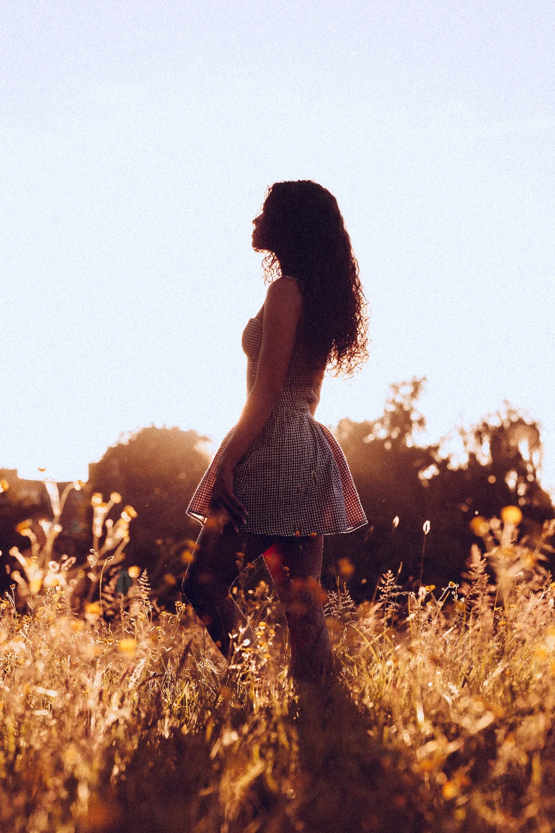 Silhouette of a woman with curly hair standing in a golden field at sunset.