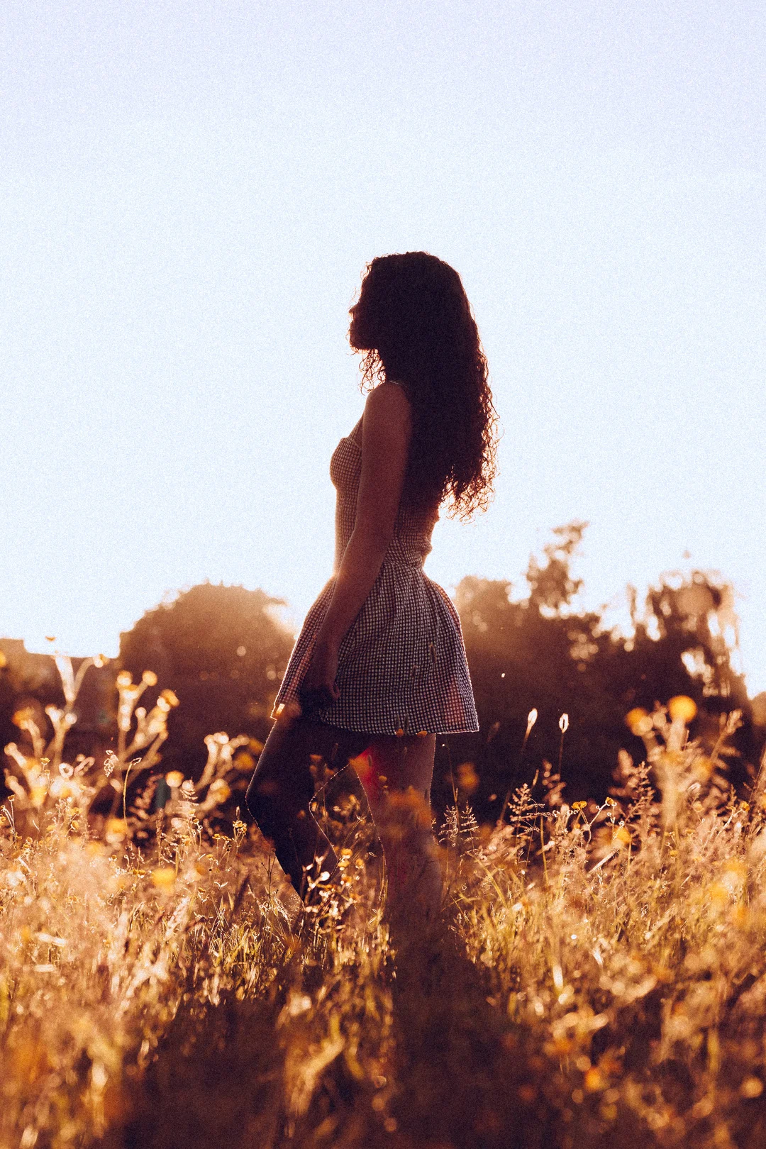 Silhouette of a woman with curly hair in a dress standing in a golden field during sunset.