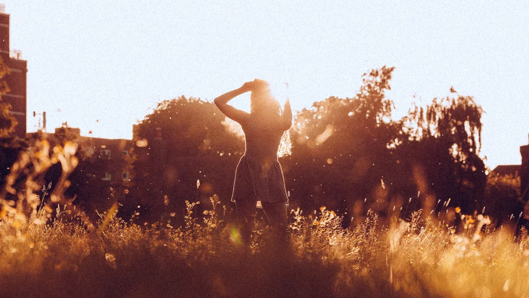 Silhouette of a woman in a golden field at sunset, arms raised, bathed in warm natural light.