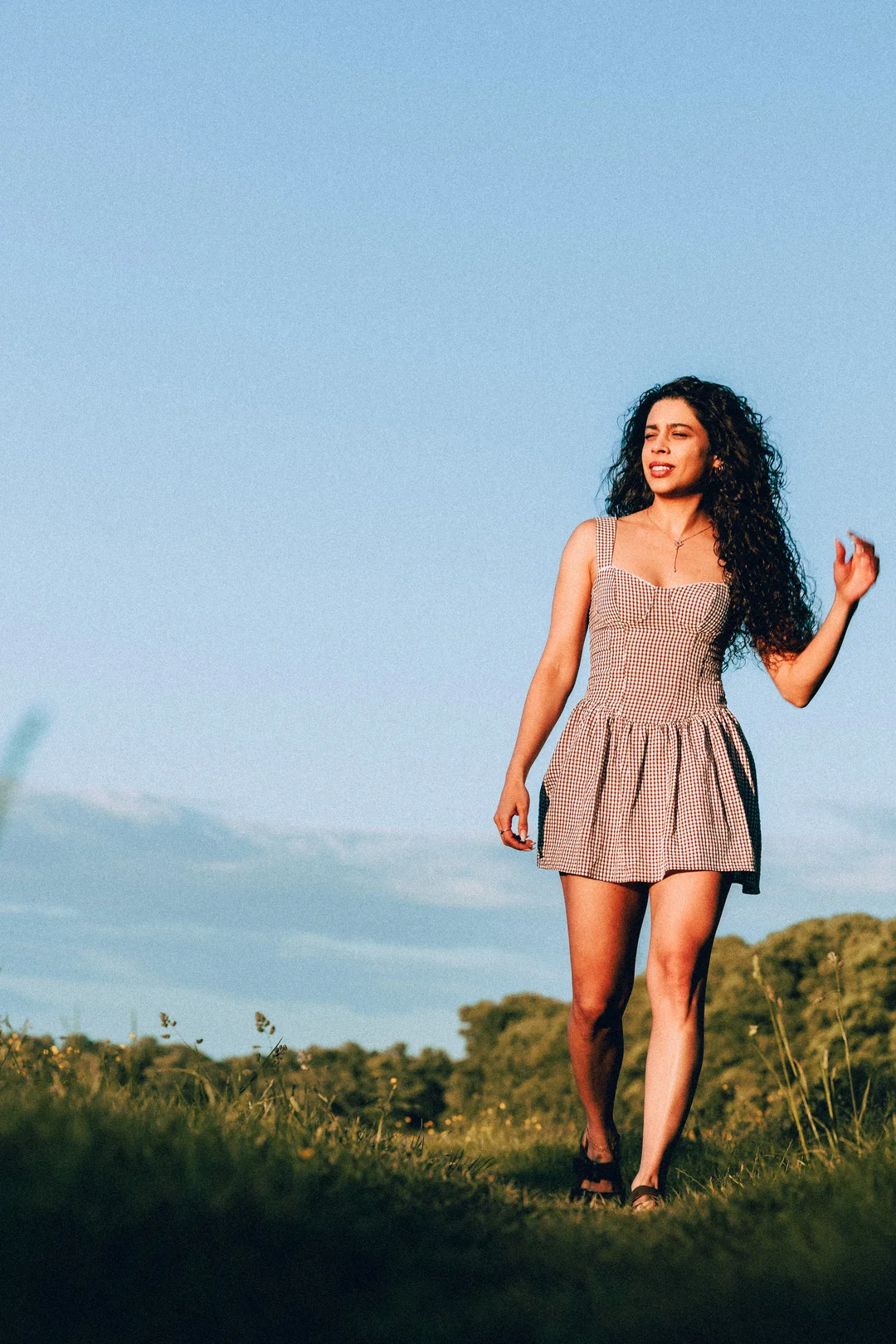 Woman with curly hair in a red gingham dress standing in a sunny grassy field.
