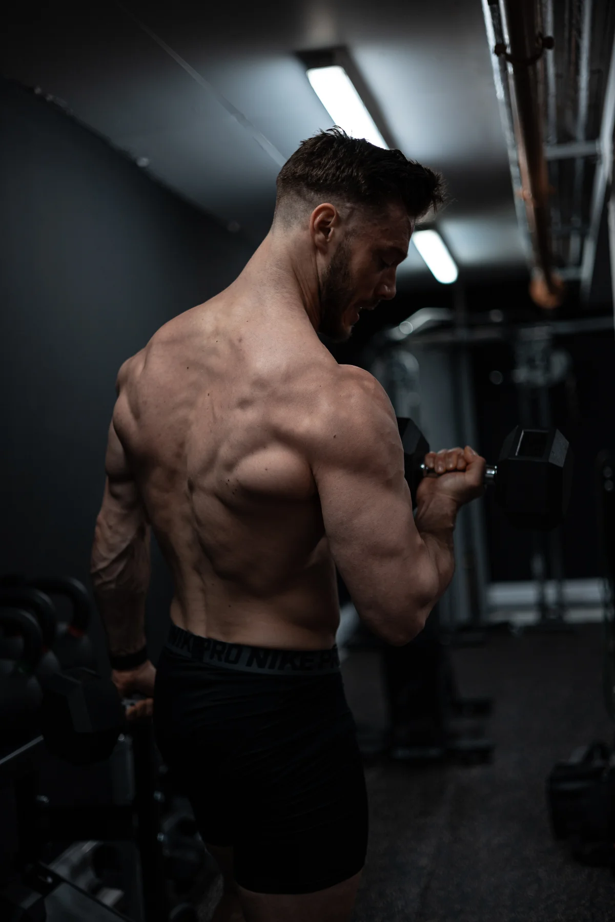 Muscular shirtless man lifting dumbbells in a moody gym setting, focusing on back and arm definition.