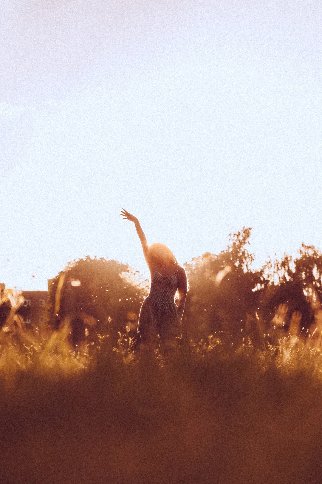 A woman in a dress stands in a golden field at sunset with one arm raised, creating a dreamy atmosphere.