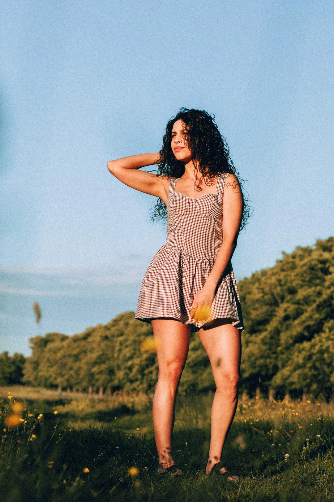 Woman with curly hair in a red and white gingham dress standing in a sunny grassy field under a blue sky.