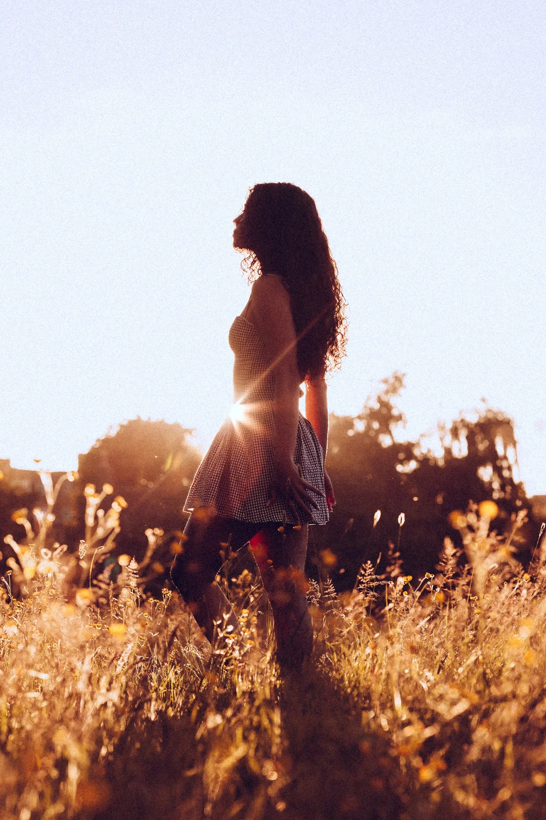 Silhouette of a woman with curly hair in a dress standing in a golden field at sunset.