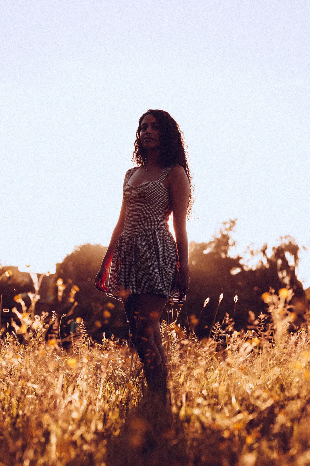 Woman with curly hair in a checkered dress standing in a golden field during sunset.