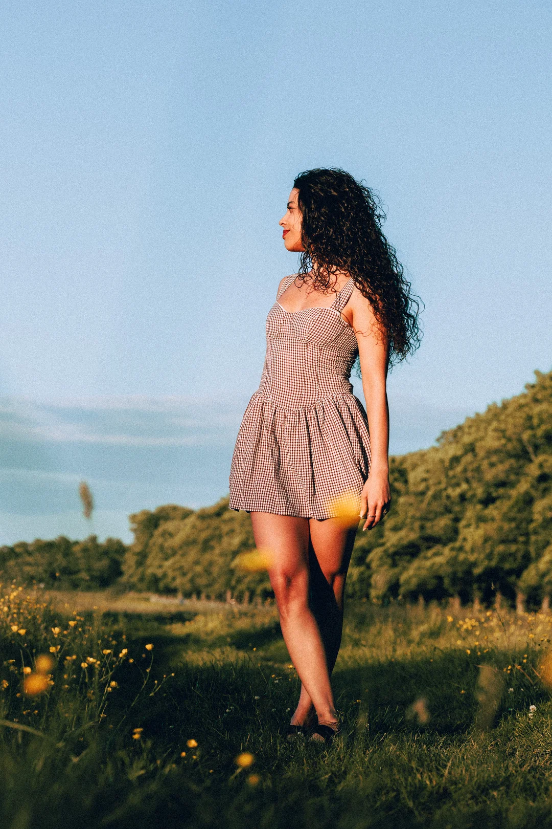A woman with long curly hair in a red and white gingham dress standing in a sunny meadow during golden hour.