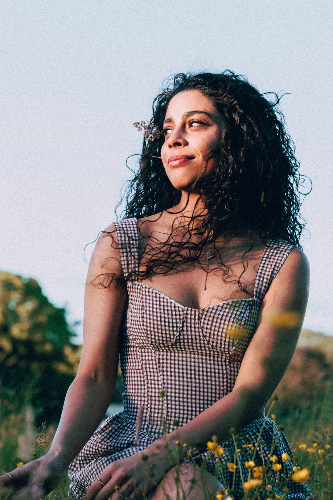 A woman with curly hair in a gingham dress gazing thoughtfully in a sunny field of yellow flowers.