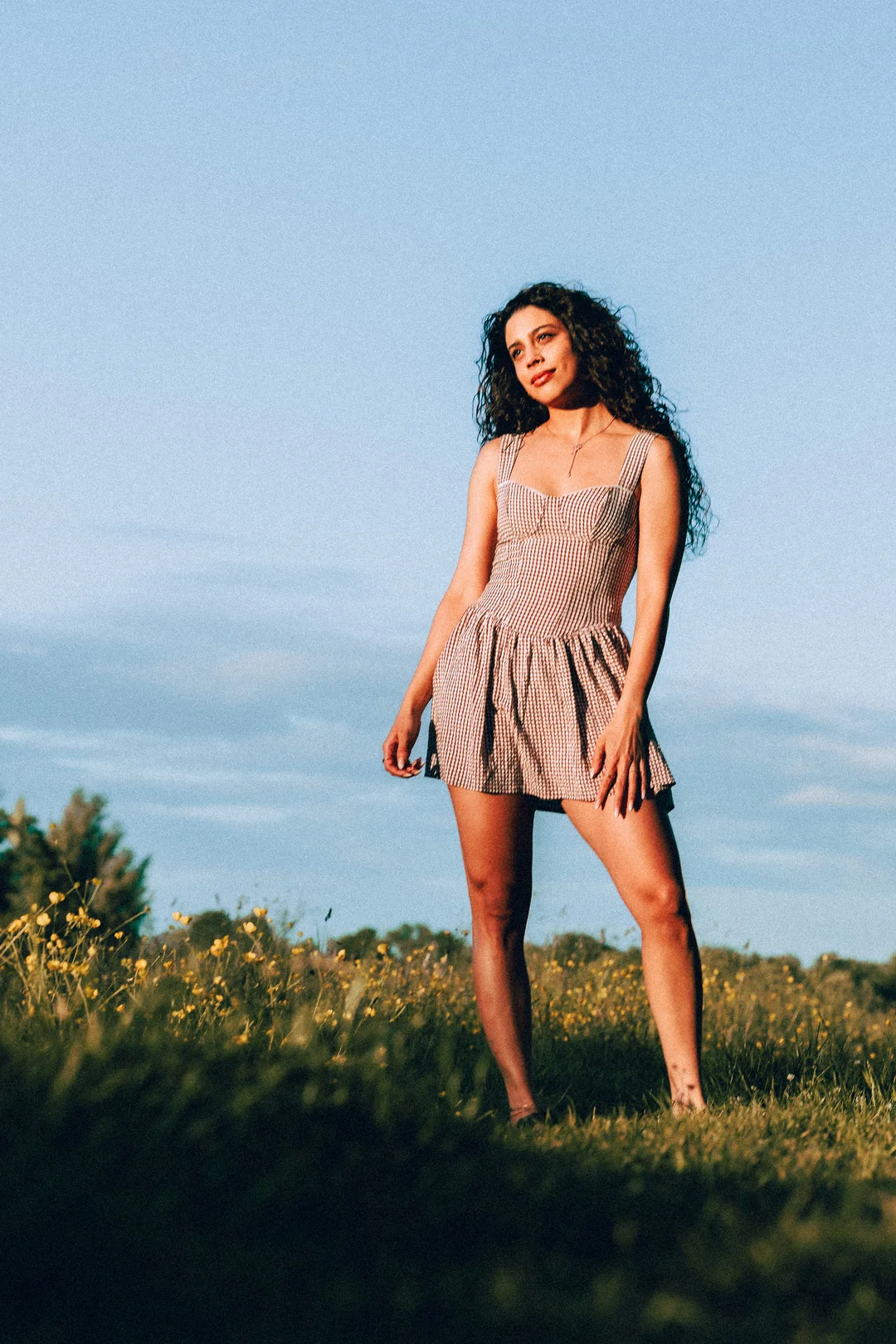 Woman with curly hair in a red and white gingham dress standing in a sunny grassy field.