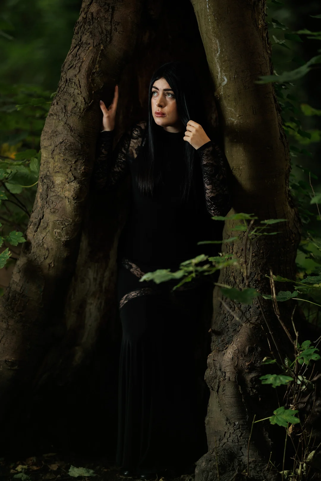 A woman with long black hair in a black lace dress posing between large tree trunks in a moody forest.