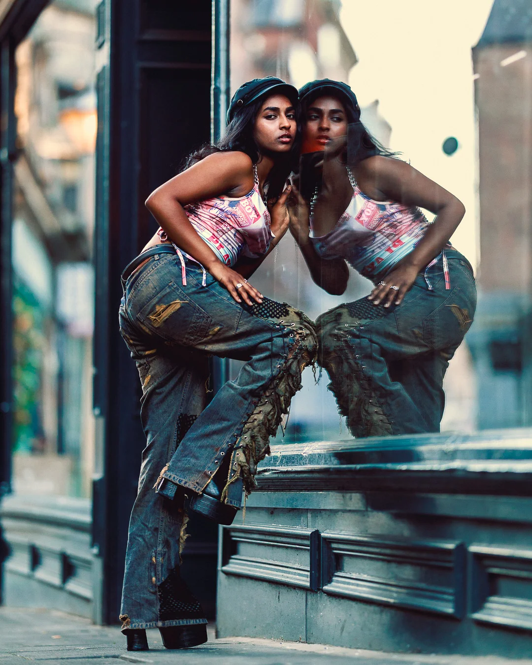 A woman in a newspaper-print top and distressed jeans posing against a window reflection in an urban setting.