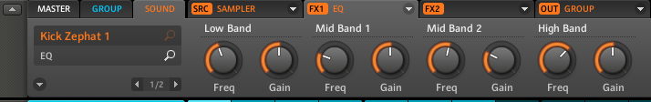 In der Mitte der Sequenzer Grafik sind die FX platziert. Hier zu sehen der 4-Band EQ.