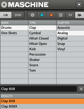 Das Sample “Clap 808” ist im Subtyp “Analog” abgelegt, der Subtyp “Analog” wiederum in im nächsthöheren Typ “Clap”. Der Typ "Clap" befindet sich im Ordner “Drums”.