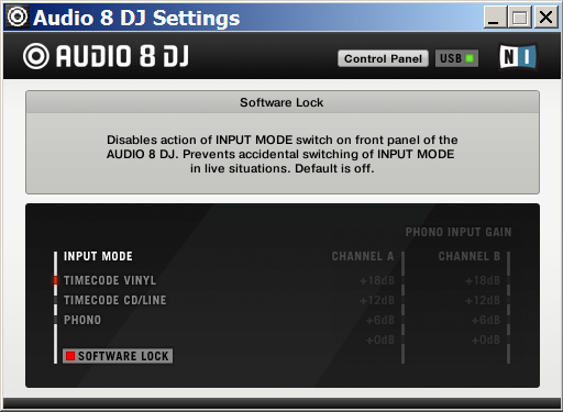 Aktivierter Software-Lock im Settings Panel von Audio 8 DJ