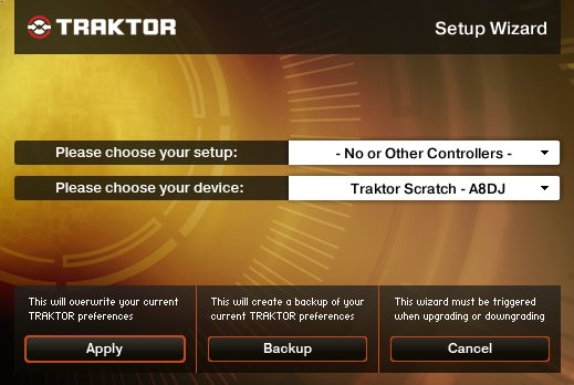 Der Startdialog des Setup-Wizard in Traktor Scratch Pro!