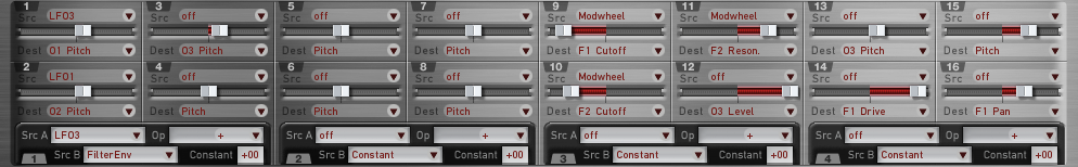 Modulations Matrix mit 16 Slots und vier Sourcemodifiers