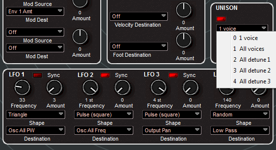 Die verschiedenen Unison-Modes. Auch im Bild: Die LFO Sektion.