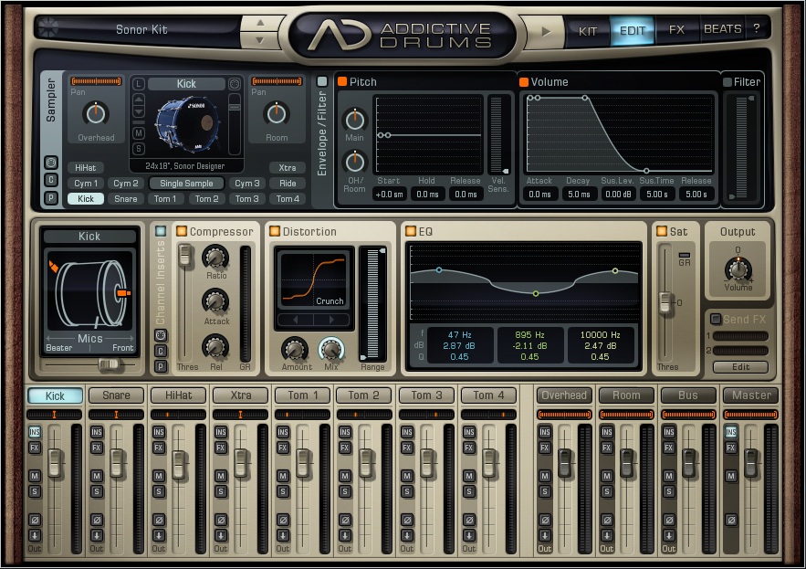Die EDIT Sektion für die Kick. Gut zu erkennen: Die aktivierten, orangen Buttons für Pitch und Volume Envelopes.