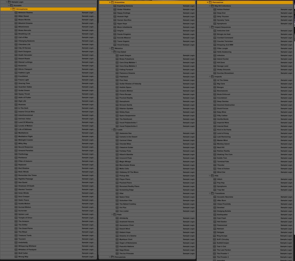 ... aber selbst die Screenshot-Montage aller Acoustix Instrumente spricht für sich! Und dabei sind die zusätzlich mitgelieferten Audioloops hier noch nicht mal sichtbar. Diese finden sich in der Clip Library, sind ebenfalls hervorragend und liegen freundlicherweise auch gleich als "sliced drumrack" vor. Top!