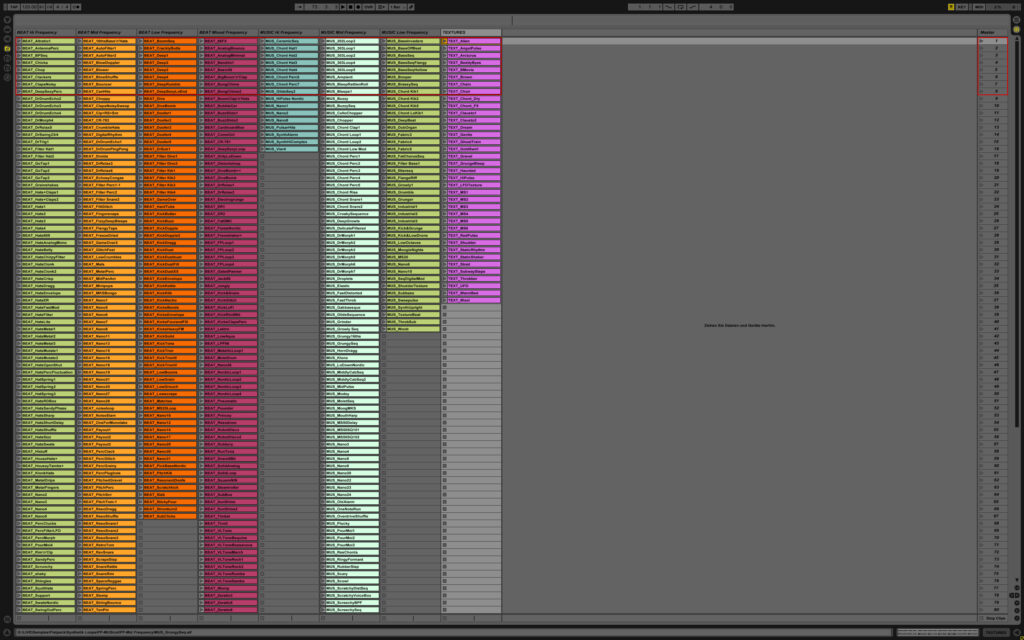 Die im gerade gesehenen Video bereits verwendeten Synthetik Loops bieten Beat und Melodie Fragmente, die nach Herzenslust neu kombiniert werden können. Das spart Zeit! Zusätzlich sind die Hauptkategorien Beat, Melodie und Textur in die Frequenzbereiche Hi/Mid/Low unterteilt, sodass es noch schneller geht: "Ein bisschen Kick und Snare hier, ein wenig Shaker da, eine kleine Textur hier, usw..." Besonders praktisch: Alle Loops sind netterweise in einer sehr großen Ableton Live Session sortiert, angelegt und somit sofort "jam-bereit"(im Bild)!