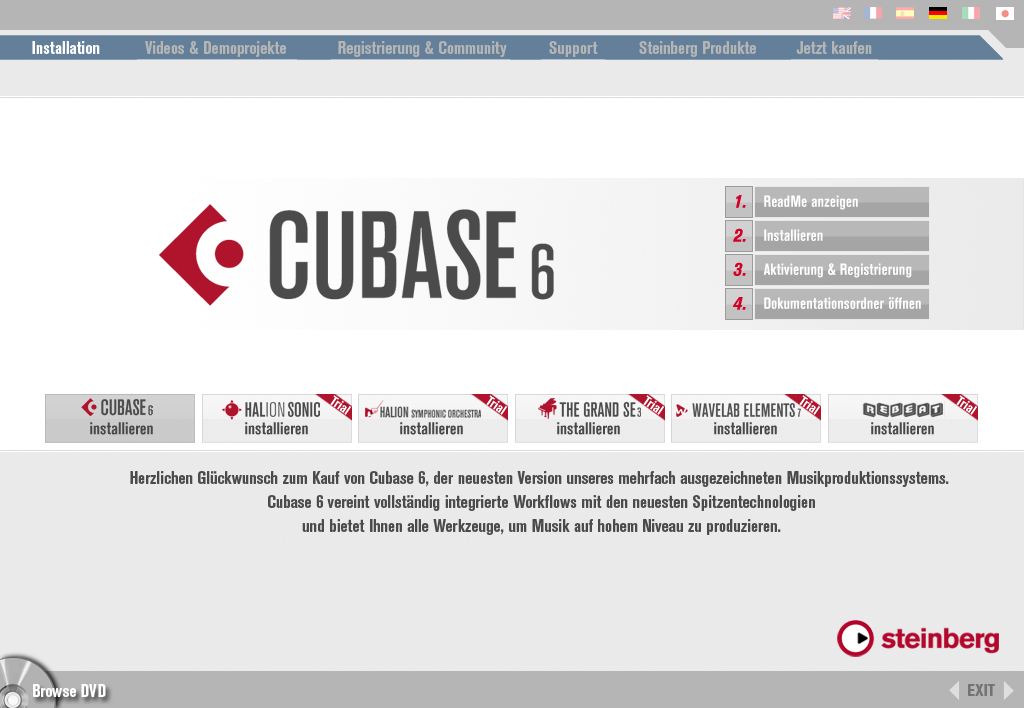 Das Start Center zur Installation von Cubase 6 und den beinhalteten Trials