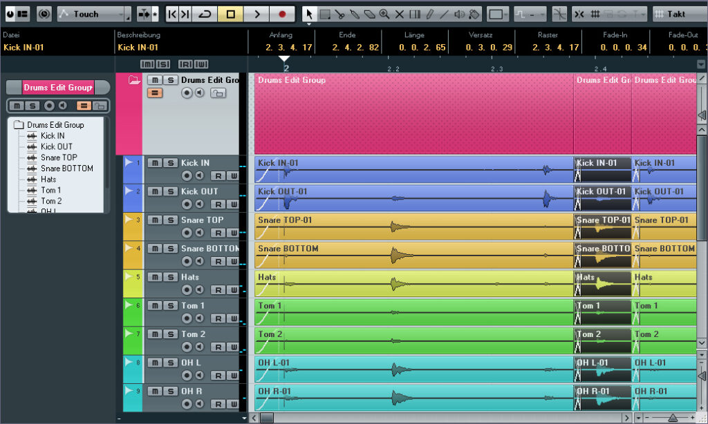 Die Spuren einer Schlagzeugaufnahme in einer Edit-Group