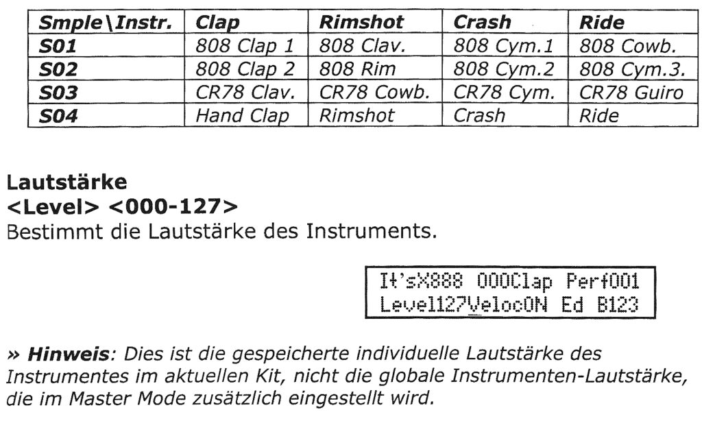 Die fixen Samplespeicher der JoMoX XBase 888 und weiterer Handbuchtext.