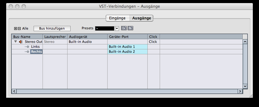 Im VST-Verbindungs-Fenster prüfen wir die korrekte Einstellung der Ausgänge.