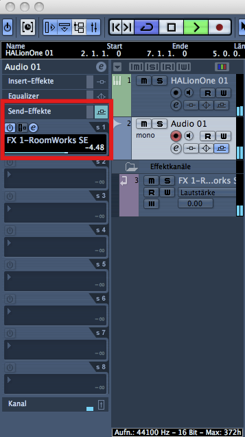 Per Effekt-Send schicken wir Signal aus dem Audiokanal in den Hall.