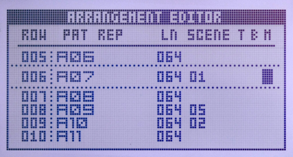 Die klassische Patternliste. Beim Octatrack umfasst sie auch die Anwahl von Szenen