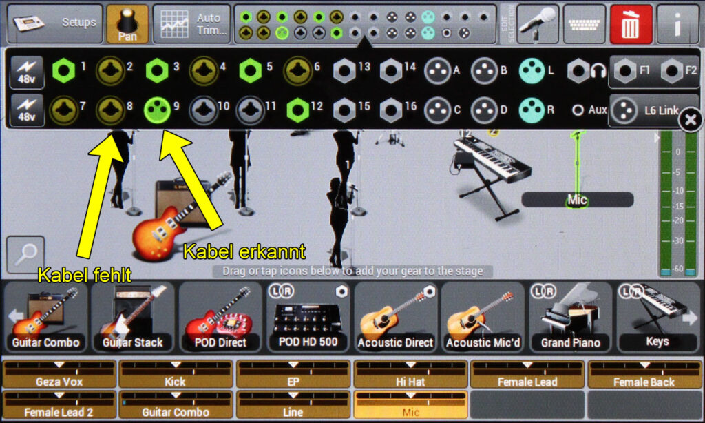 Line6 StageScape M20d: Schon ein bisschen wie Zauberei: Der M20d erkennt nicht nur den Steckertyp, sondern warnt durch gelbes Einfärben auch, wenn Kanäle zwar zugewiesen sind, aber kein Kabel steckt.