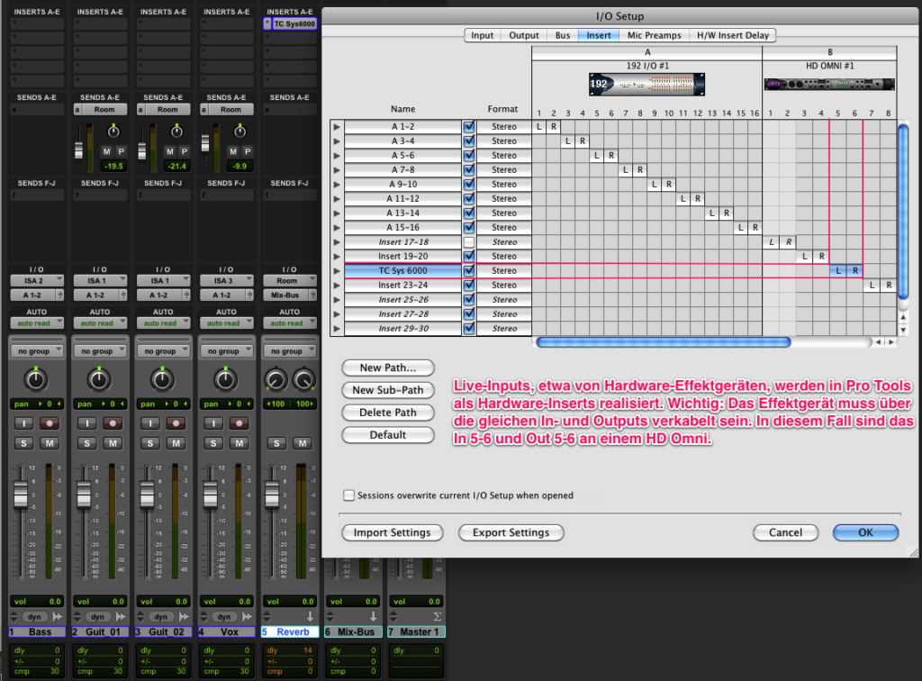 Pro Tools kann Live Inputs (z. B. von Hardware-Effektgeräten) verwalten. Optimal klappt das, wenn für den Ein- und Ausgang das gleiche Pärchen verwendet wird.